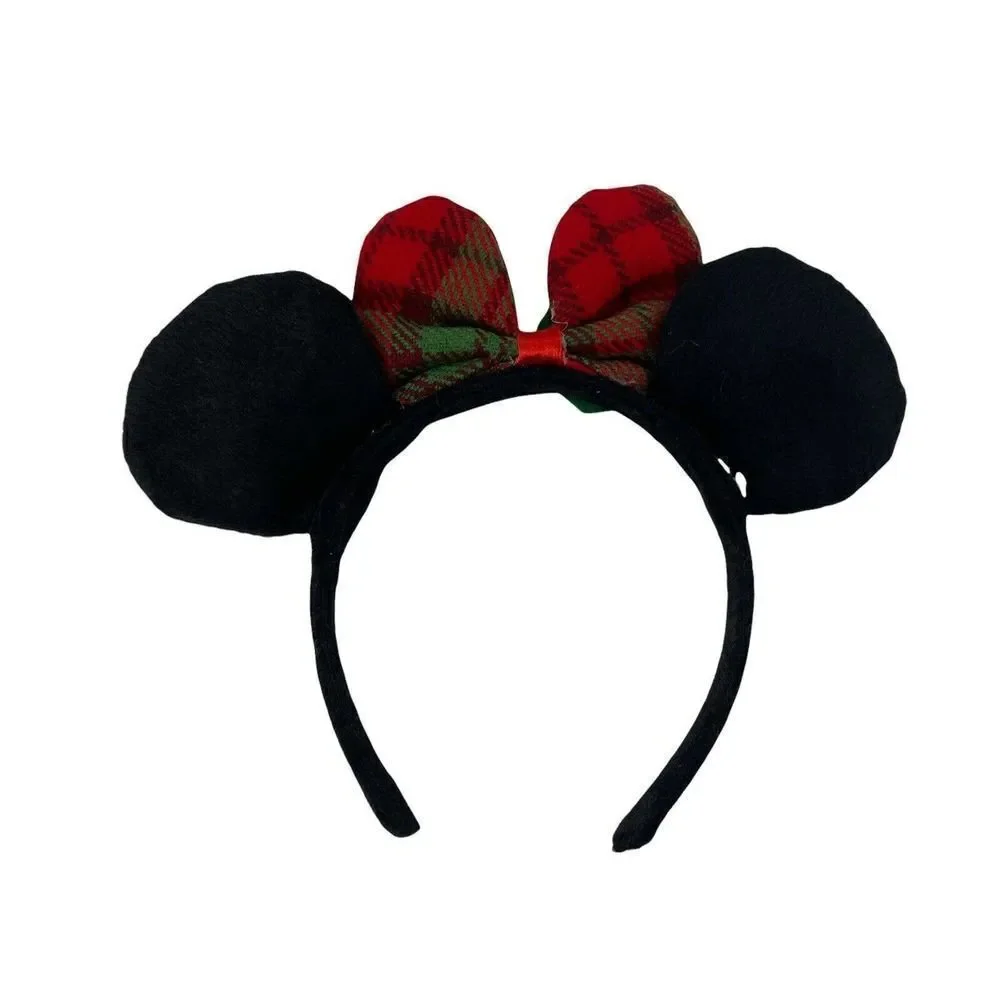 Disney Minnie Mouse Ears Christmas Holiday Holly Plaid Bow Adult OS Handmade